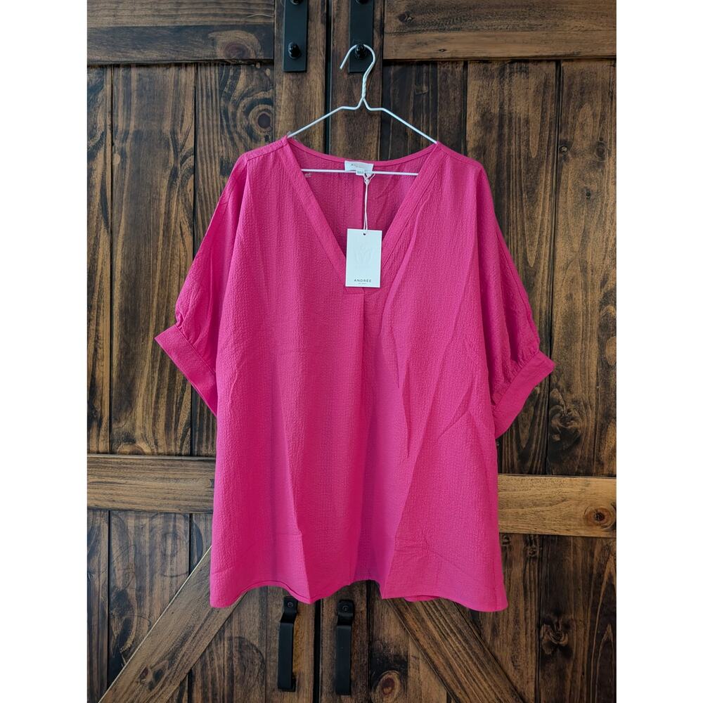NWT Womens 1x Andree By Unit pink V-neck Short Sleeve blouse